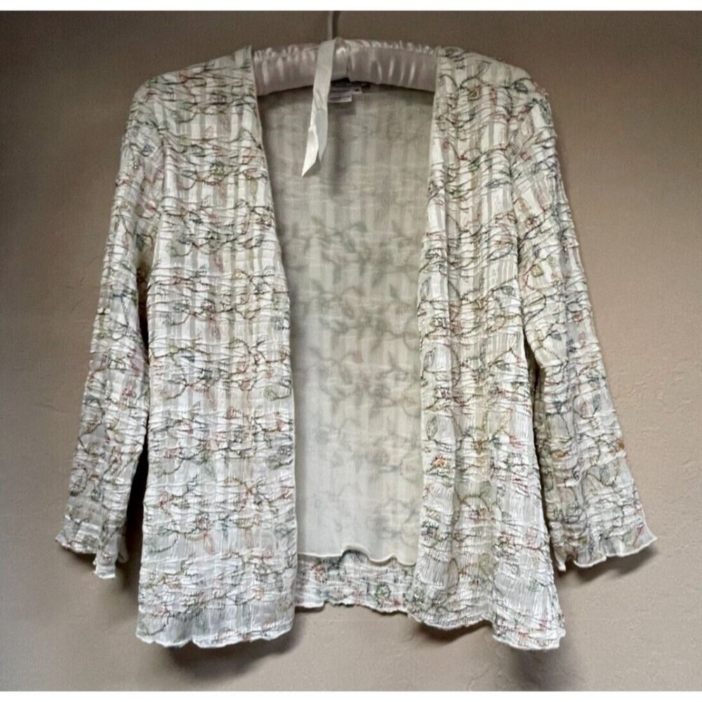 Alberto Makali Textured Sequin Open Front Cardigan Sweater Medium Ivory Boho